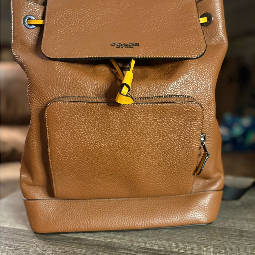 Coach Tan Leather Backpack with Yellow Accents
